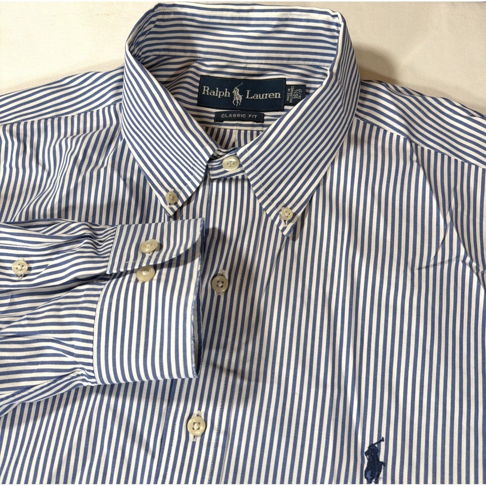 Ralph Lauren Classic Fit Performance Button Down Shirt 16.5 Blue Stripe Stretch